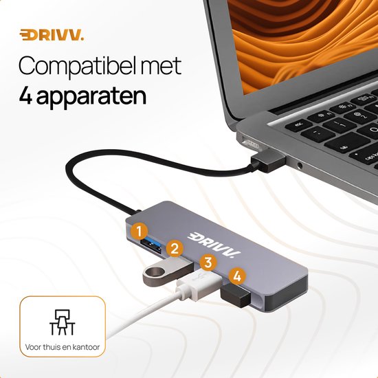 Drivv. Répartiteur USB 4 ports - USB 3.0A - Hub USB 3.0 - Boîtier aluminium - Gris