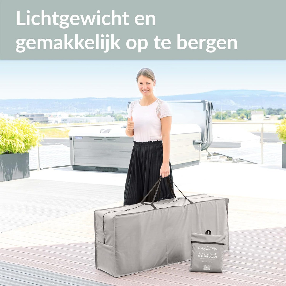 Sac de rangement Chefarone pour coussins de jardin - Hydrofuge - 125 x 50 x 32 cm - Polyester 420D - Gris clair