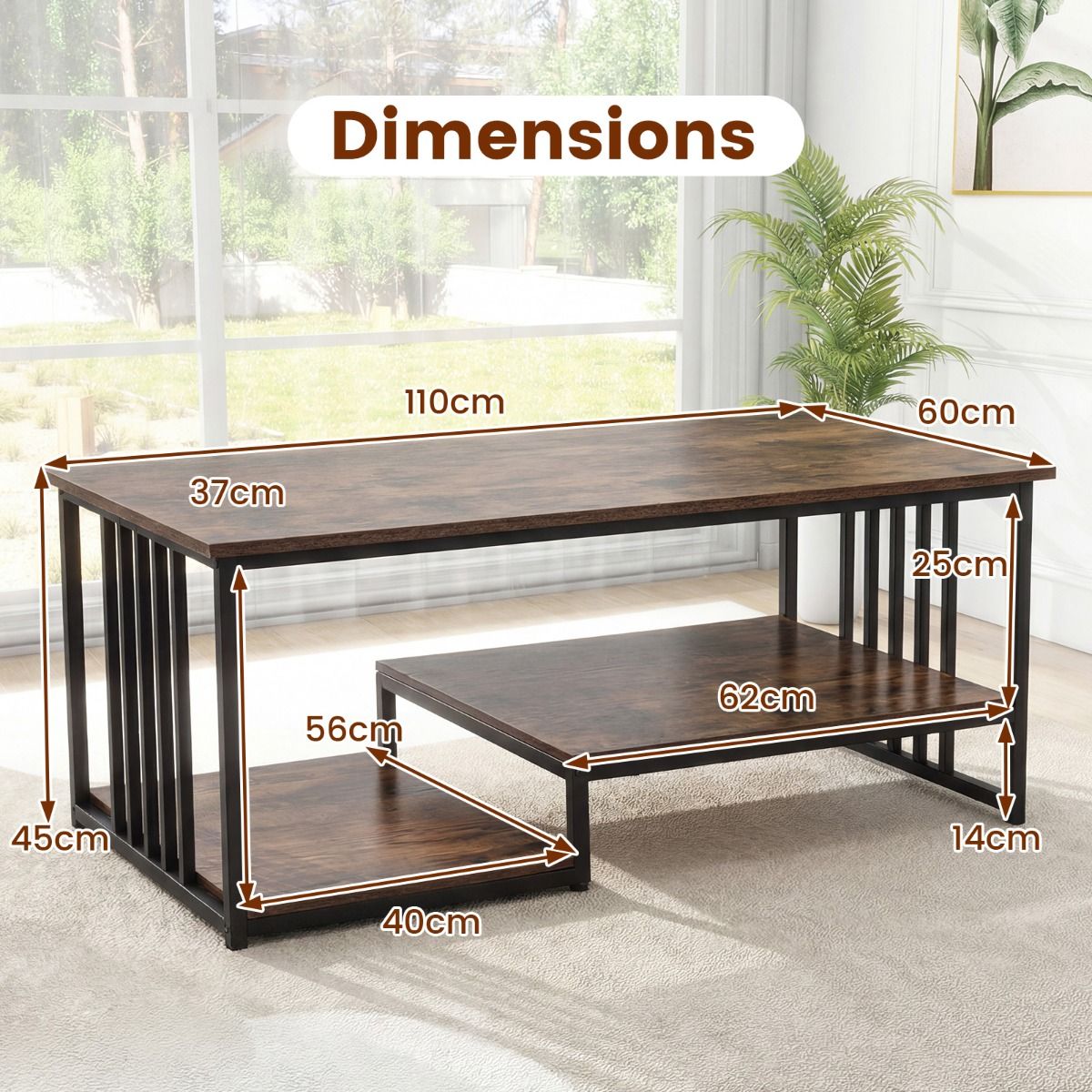 Table basse Coast - rectangulaire - 2 tablettes - marron rustique/noir - 110 x 60 x 45 cm