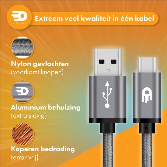 Drivv. Câble USB vers USB C - Chargeur rapide - Câble de données et de charge USB C - 5 mètres - Convient à Samsung, iPhone 15 et autres - Gris spatial