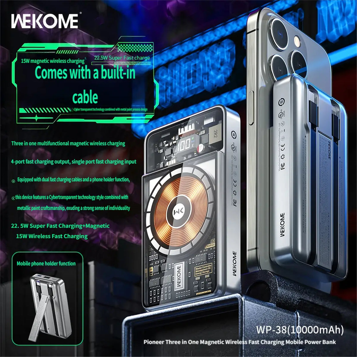 WEKOME Pioneer 10 000 mAh, batterie externe magnétique trois-en-un WP-38, compatible avec les téléphones Apple, Huawei, Samsung et Xiaomi