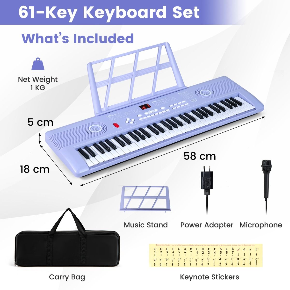 Piano numérique Coast à 61 touches - Avec support, micro et housse de transport - Violet