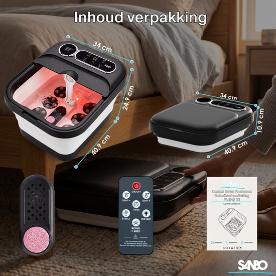 Bain de pieds Sanbo - Rouleaux de massage électriques - Température réglable de 35 à 48 degrés - Appareil de massage des pieds - Bain de pieds avec massage - Noir