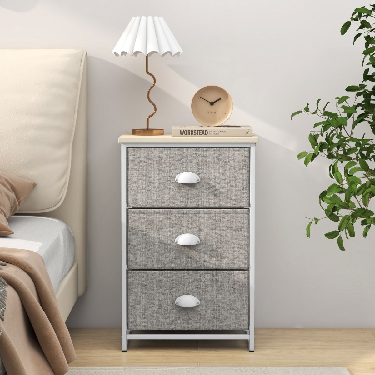 Commode Coast à 3 tiroirs - Meuble de rangement avec tiroirs rabattables - Structure métallique - Blanc et gris clair