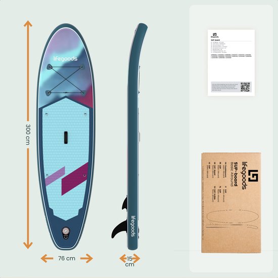 LifeGoods SUP Board All-round Compact - 100 KG Load Capacity - 300 x 76 cm - Inflatable - Complete SUP Package - Blue/Purple