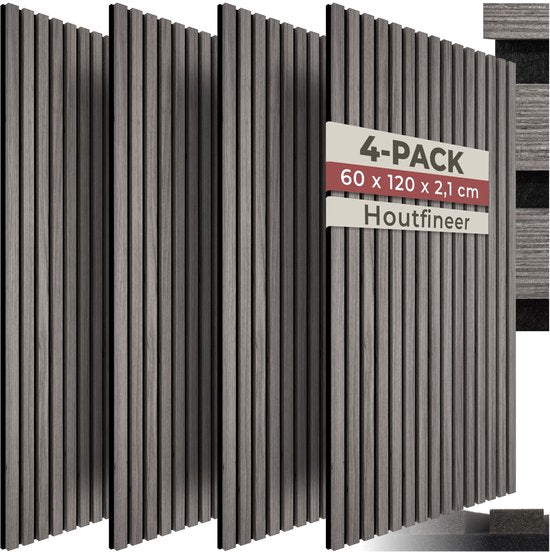 tectake® Acoustic Panels - Lot de 4 - Panneau mural acoustique - 60 x 120 cm - 2,88 m² - Panneaux muraux à taille réglable - Mur à lattes en MDF et placage bois - Isolation acoustique - Décoration murale élégante - Installation facile - Chêne gris clair