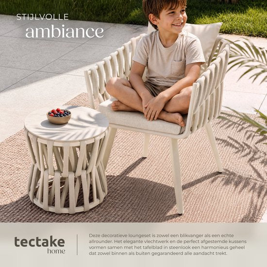 Ensemble de jardin tectake® Lugano - Chaise de jardin - Chaise longue avec table d'appoint - Chaise d'extérieur au design « corde » avec structure en aluminium - Fauteuil d'extérieur avec coussins épais - Ensemble de détente pour le jardin ou le balcon -