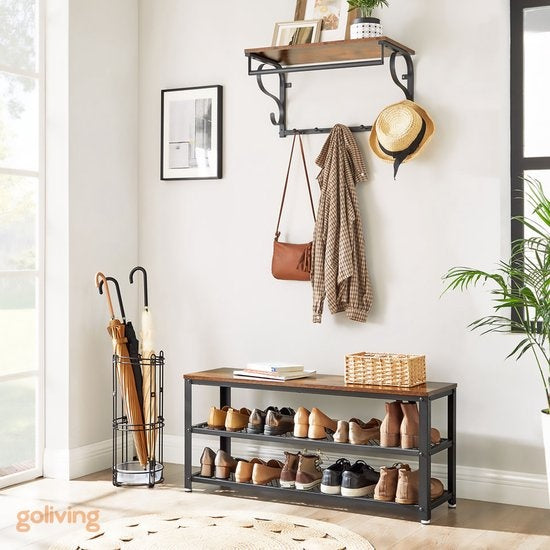 Goliving Rangement de chaussures - Banc de chaussures - Banc d'entrée - Industriel - 30 x 80 x 45 cm - Métal - Bois brun