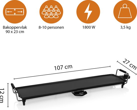 Plaque de cuisson Tristar BP-2984 - Plaque de cuisson Gourmet XL - Plaque de grill 90 cm - Pour 8 à 10 personnes - Avec thermostat réglable - Revêtement antiadhésif - Cordon d'alimentation extra-long - Noir