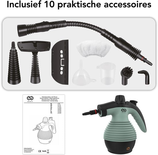 Nettoyeur vapeur Infinity Goods - Nettoyeur vapeur à main 12-en-1 - Nettoyeur vapeur à main - Détachant - Nettoyeur de tapis - 10 embouts - 1 050 watts - 3,2 bars - Vert