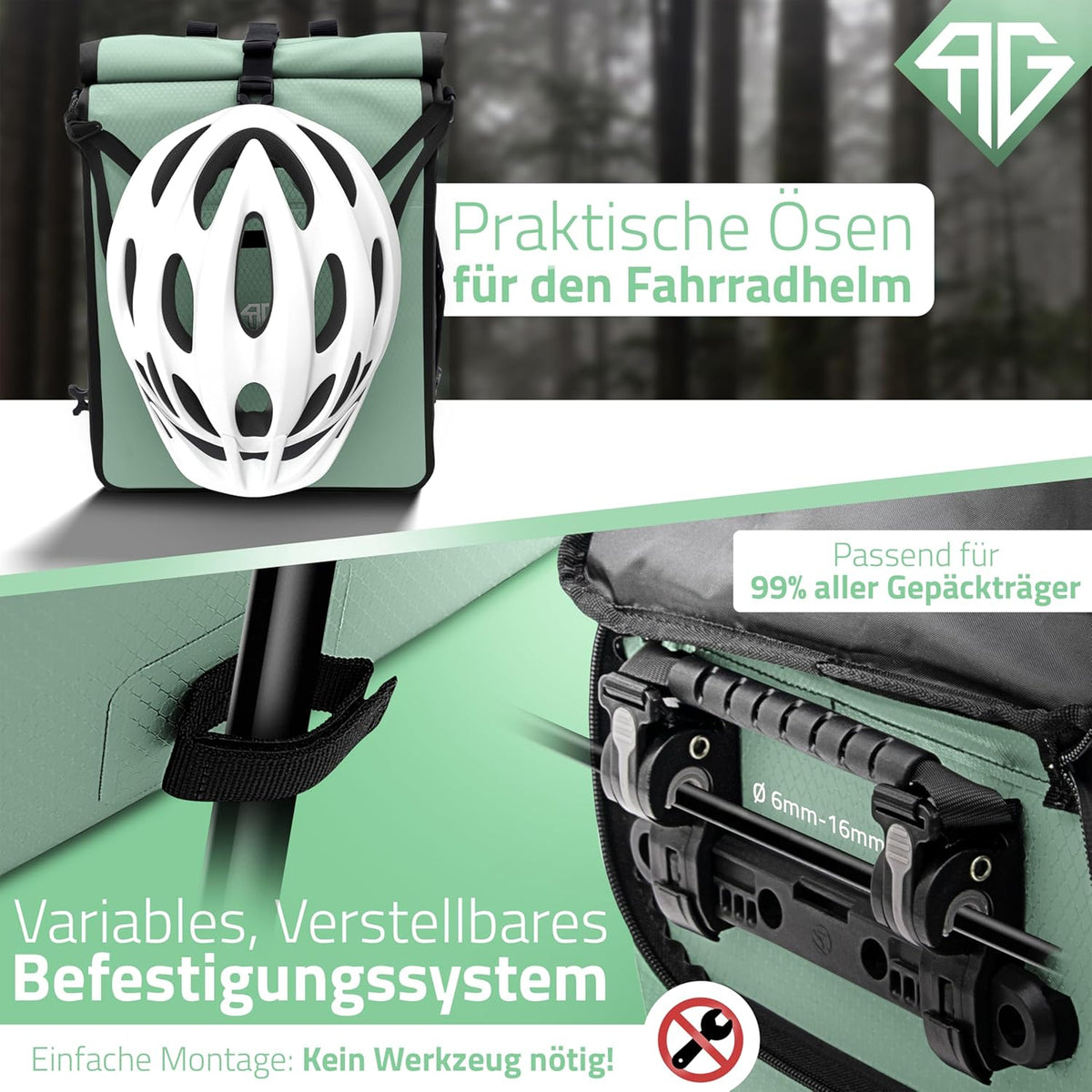 RADGEIST 3in1 bike carrier bag - sac à dos pour vélo - sac de transport - sac à bandoulière - avec compartiment pour ordinateur portable - étanche - 25L - Mint