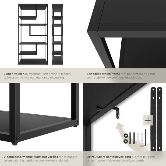 tectake® Armoire murale Venda - 85 x 35 x 188 cm - aspect industriel - cadre en acier - armoire avec protection contre le basculement - bibliothèque avec 6 compartiments asymétriques - armoire de rangement moderne pour le salon, la cuisine ou la chambre à