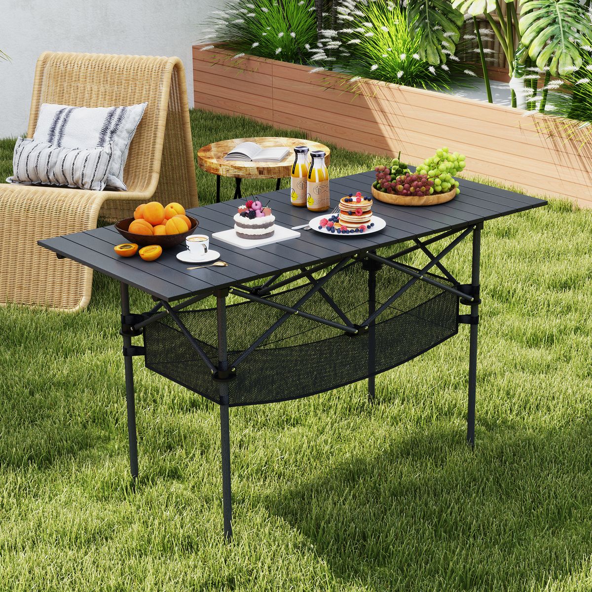 Table de camping pliable Coast - Plateau en aluminium enroulable - Avec panier en filet - Noir 119 x 56 cm