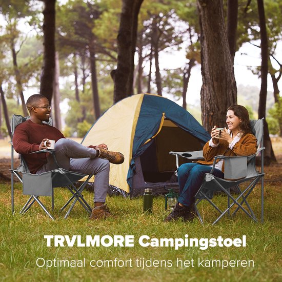 TRVLMORE Chaises de camping - Pliables - 2 pièces - Chaises pliantes - Capacité de charge de 150 kg - Porte-boissons - Compartiment réfrigérant - Poche latérale - Gris