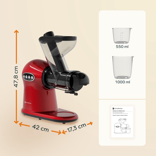 KitchenBrothers Slowjuicer XL - Extracteur de jus - Presse légumes et fruits - Alimentation 43 mm et 70 mm - 500 ml - Rouge
