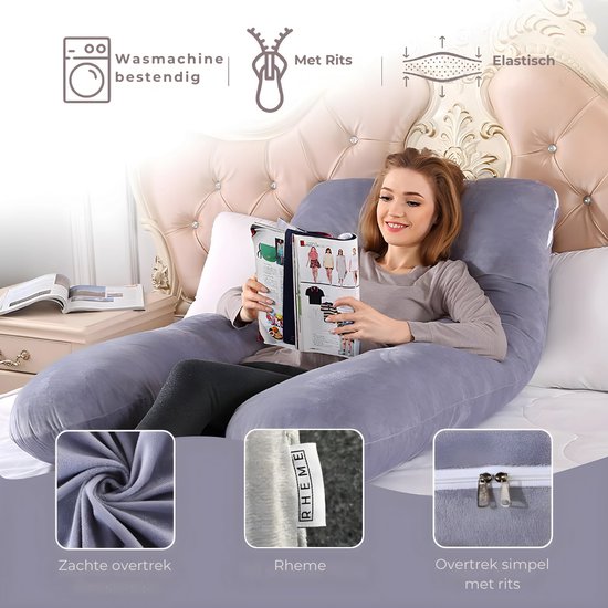 Oreiller de grossesse - XXL en forme de U - Oreiller de corps - Oreiller pour dormir sur le côté - Housse en peluche - Oreiller d'allaitement - 280 cm - Fermeture à glissière - Rheme