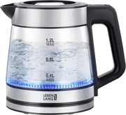 LEBENLANG - Bouilloire en verre - Petite - 1,2 litres - Lumière LED - Design en acier inoxydable - Bouilloire sans BPA - Petite bouilloire de voyage silencieuse pour le camping
