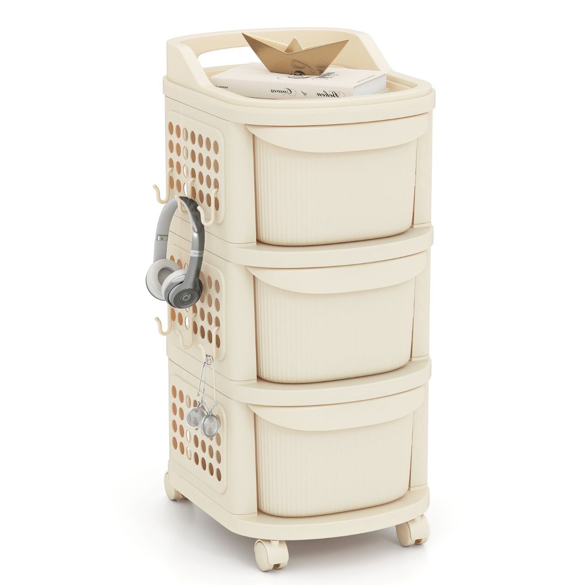 Chariot de rangement Coast sur roulettes - 3 tiroirs - Avec crochets - Blanc 38 x 32 x 68 cm