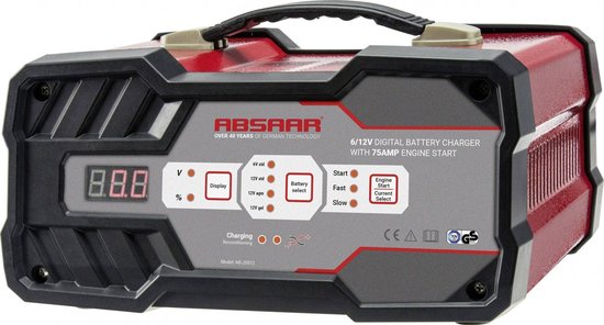 Chargeur de batterie et démarreur d'urgence Absaar – 6 V/12 V – Courant de charge 2-12 A – Aide au démarrage 75 A – Batterie 12 V 25-120 Ah – AGM, gel et plomb-acide