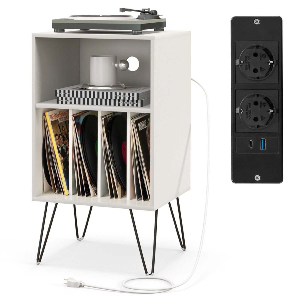 Support pour platine vinyle Coast - Table de rangement pour vinyles à 3 étages - avec station de recharge - blanc