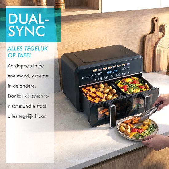 Friteuse à air chaud double XXL 11 L - Friteuse à air chaud sans PFAS - Infrarouge - Double zone - 2 x 5,5 L - 40–200 °C - 8 programmes de cuisson - 2 850 W - WM-2511 AF - Noir