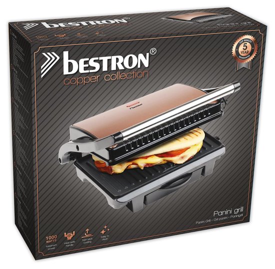 Grill de table Bestron - ASW113CO - 1 000 W - Appareil à croque-monsieur - Surface de cuisson 25 x 17 cm - Cuivre