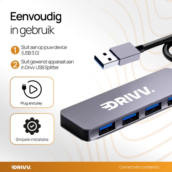 Drivv. Répartiteur USB 4 ports - USB 3.0A - Hub USB 3.0 - Boîtier aluminium - Gris