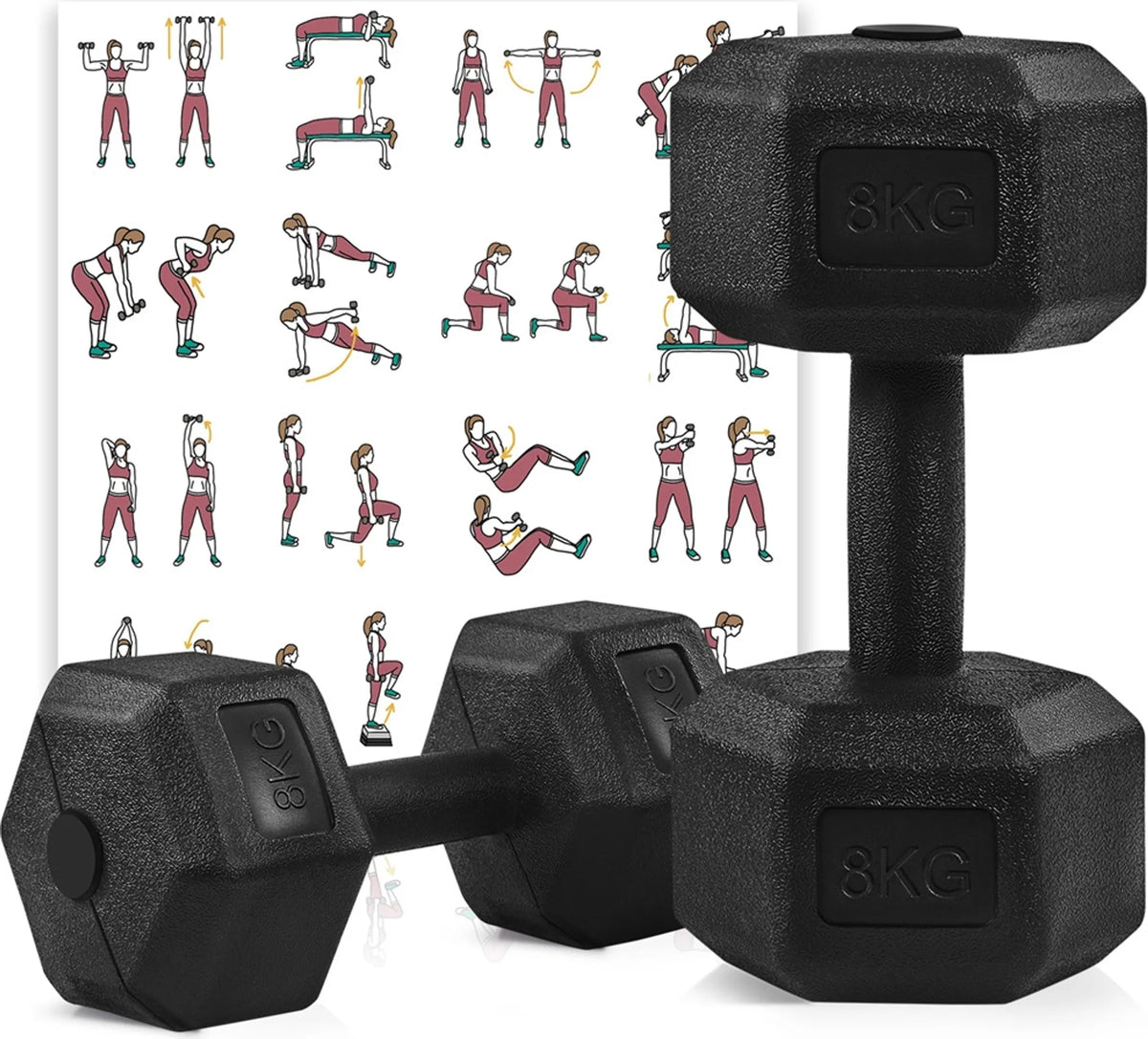 Yaheetech Jeu d'haltères de 2 x 8 kg - 33.5 x 17 x 15 cm - Tête hexagonale, conception antiroulis et revêtement en plastique - Pour la musculation et la gym à domicile - Plastique noir et béton