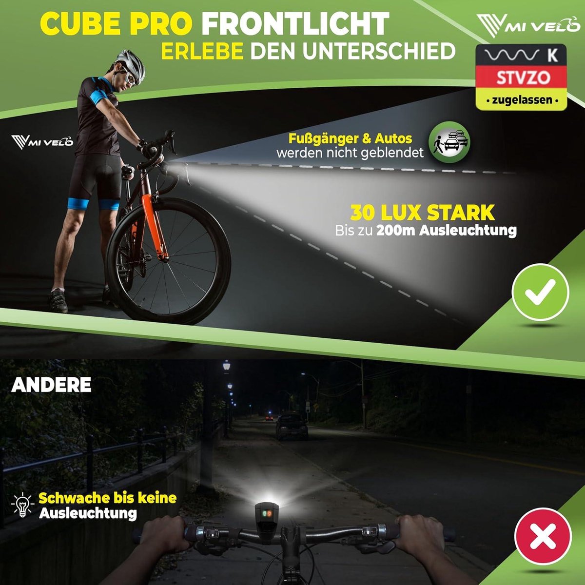 Kit d'éclairage vélo MIVELO avec clignotant - Étanche IPX5 - Feux avant et arrière rechargeables par USB - Noir