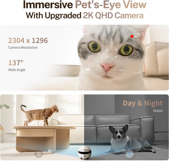 Enabot ROLA Mini - Robot intelligent pour animaux de compagnie - Caméra 2304 x 1296 - Batterie 5000 mAh