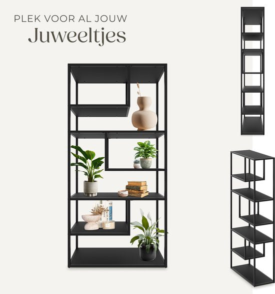 tectake® Armoire murale Venda - 85 x 35 x 188 cm - aspect industriel - cadre en acier - armoire avec protection contre le basculement - bibliothèque avec 6 compartiments asymétriques - armoire de rangement moderne pour le salon, la cuisine ou la chambre à