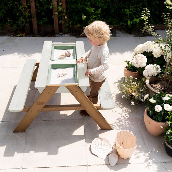 Table de pique-nique Sunny Dave « Zand & Water » en beige pour enfants - Table de pique-nique multifonctionnelle avec 2 bacs amovibles en plastique - Bois certifié FSC