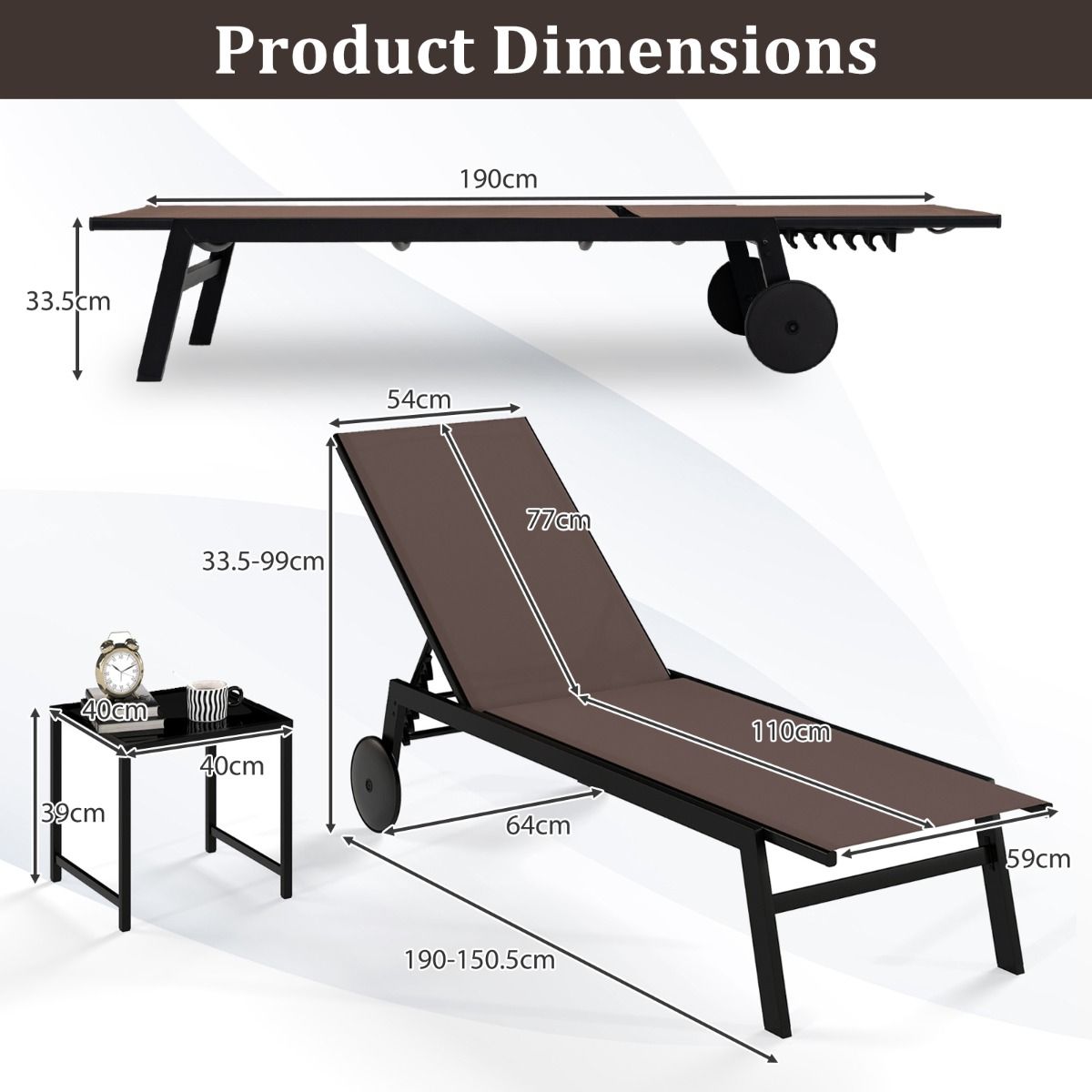 Chaise longue de jardin Coast avec table d'appoint - dossier réglable sur 6 positions - roulettes - marron
