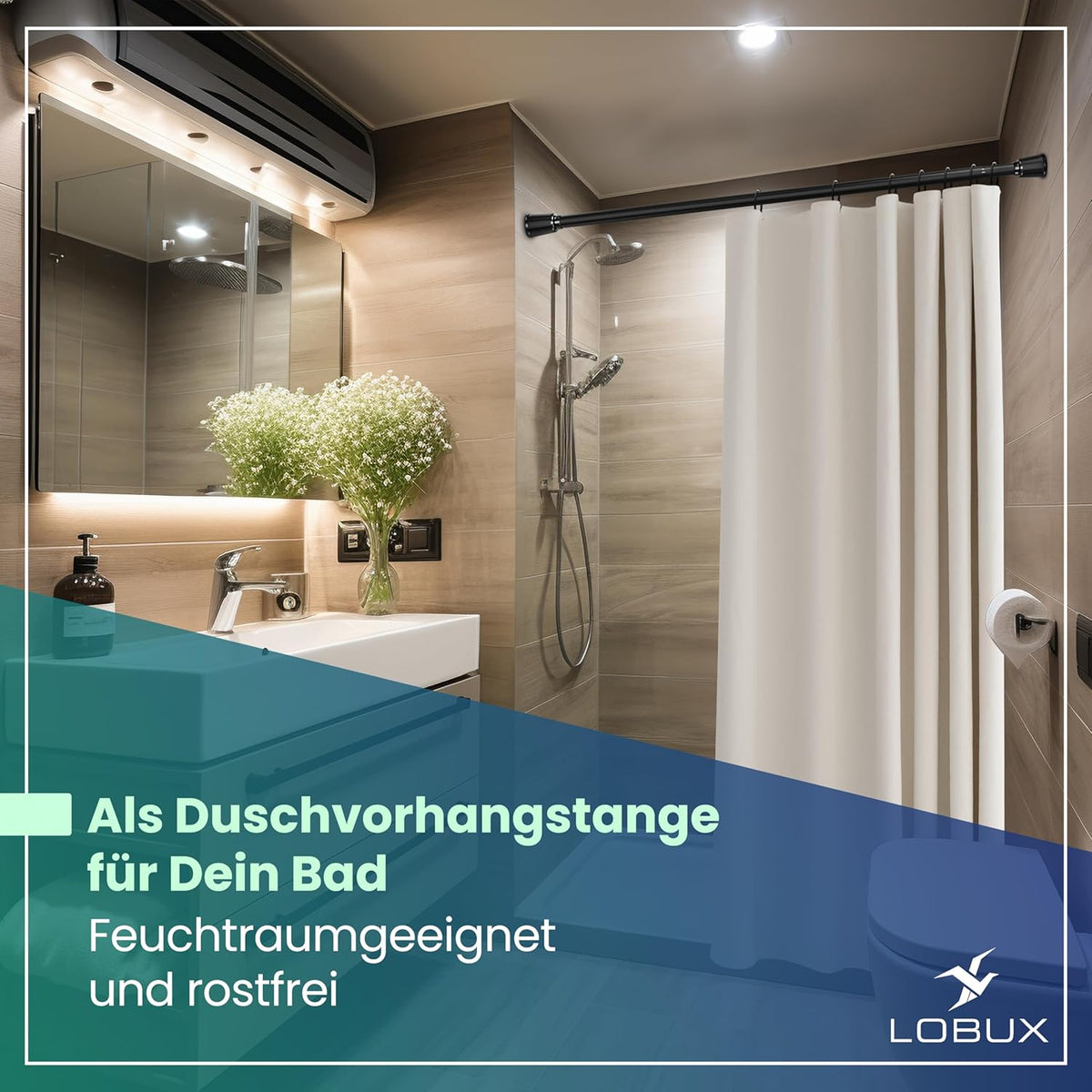 LOBUX® - Tringle à rideau sans percer [noir, 210-300cm] - Tringle télescopique Rideau extensible - Tringle de douche sans percer - Tringle à rideau, Tringle de douche, Tringle à vêtements, Tringle de serrage Filet de chat