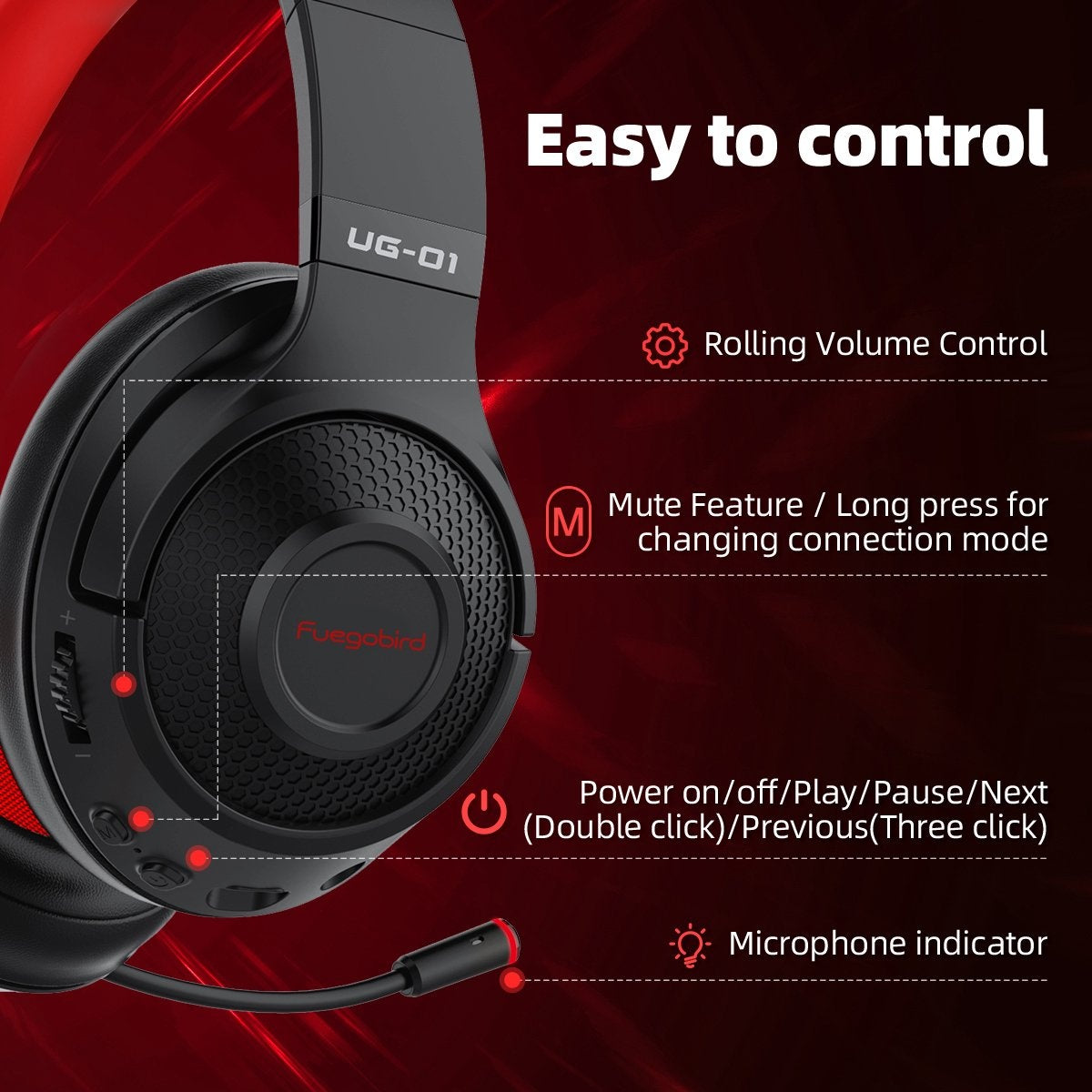 Fuegobird UG-01 Casque de jeu sans fil 2,4GHz - Casque Bluetooth - Multiplateforme - Convient pour PS4/PS5, Nintendo Switch - Rouge