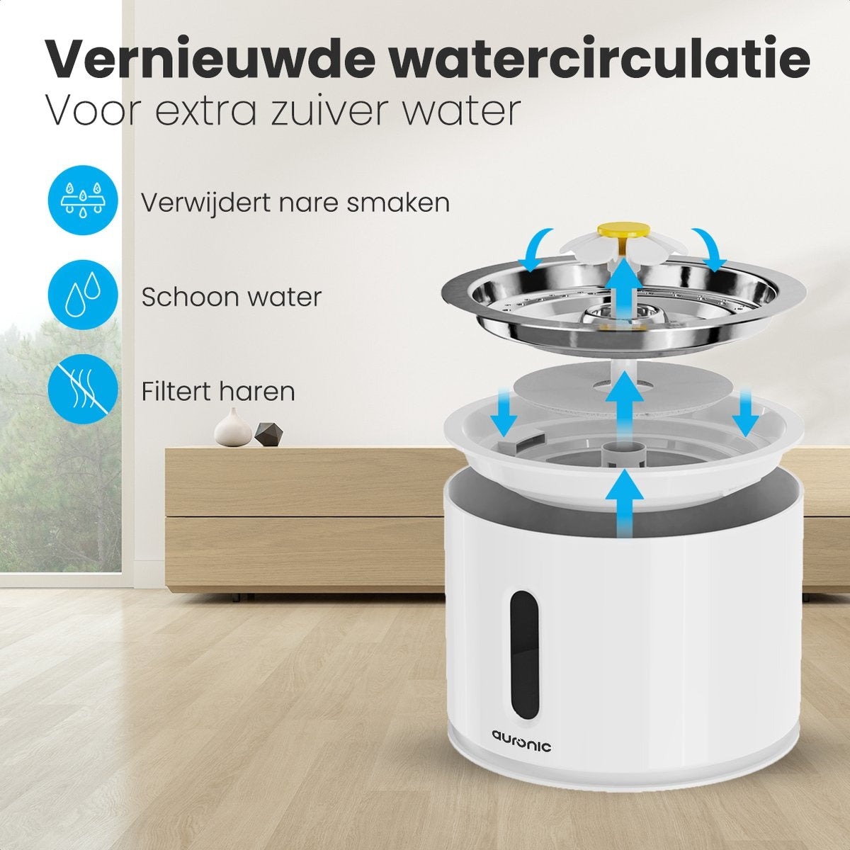 Abreuvoir Auronic - Fontaine à eau pour chats et chiens - 2.4L - Abreuvoir pour animaux - 4 filtres et 2 brosses inclus - Blanc