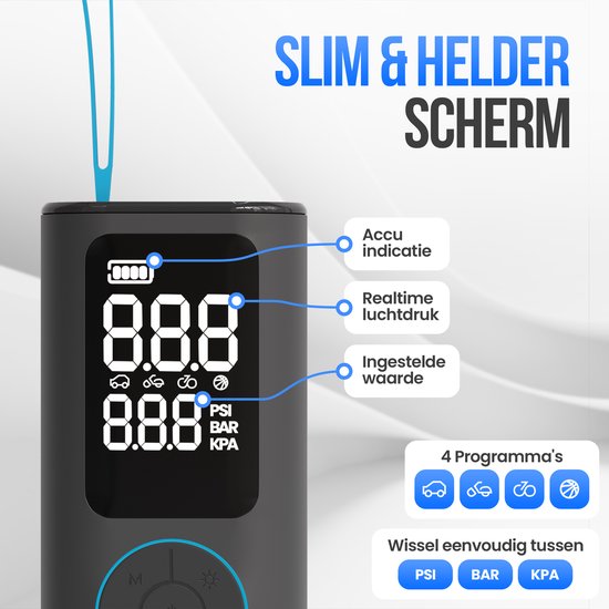 Pompe à pneu électrique Strex - Mini-compresseur sans fil 3-en-1 - voiture, vélo, scooter, ballon et matelas pneumatique - jusqu'à 10,5 bar / 150 PSI - 30L/min - 8000 mAh Powerbank & Flashlight