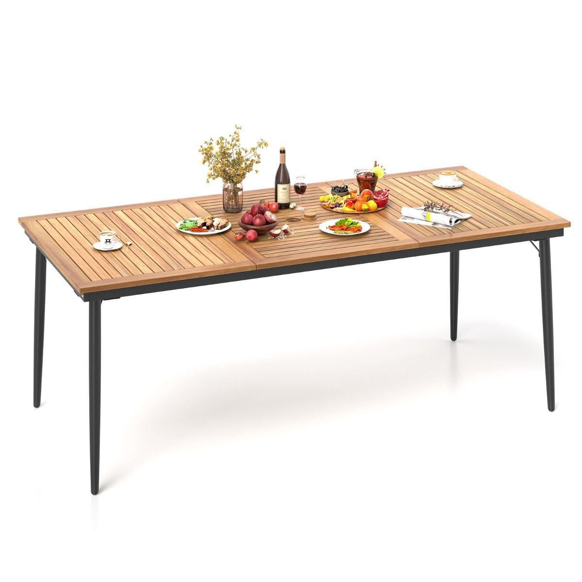 Table de jardin Coast pour 8 personnes - bois d'acacia avec pieds en métal - trou pour parasol de 5 cm - couleur naturelle et noire - 200 x 90 cm