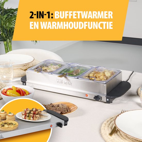 Tristar BP-6283 - Réchauffeur de buffet 200 W - Chafing dish - 3 x 1,4 litre - Avec couvercle - Acier inoxydable