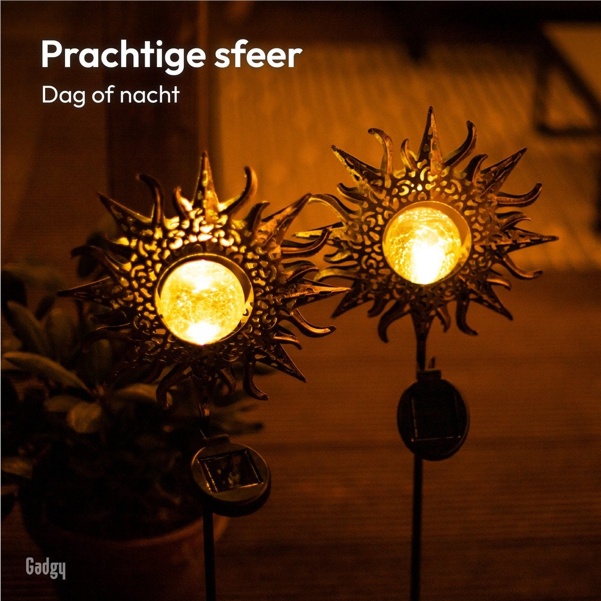 Gadgy Solar Tuinfakkel Zon met grondspies - Tuinsteker Set van 2 st. - Tuinfakkels 103CM Hoog - Tuinverlichting op zonneenergie buiten - Led buitenverlichting met sensor - Brons kleurig Metaal