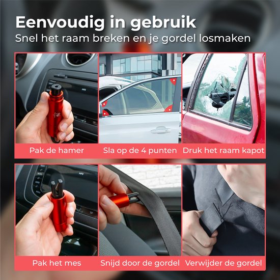 Nuvance - Marteau de sécurité - Marteau d'urgence - avec porte-adhésif et verre de test - Marteau de sauvetage - Coupe-ceinture - Marteau de voiture - Sécurité sur la route - Rouge