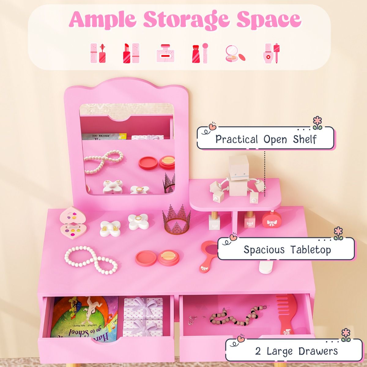 Coast Coiffeuse pour enfants - 2-en-1 avec miroir amovible - deux tiroirs et un tabouret en bois - rose