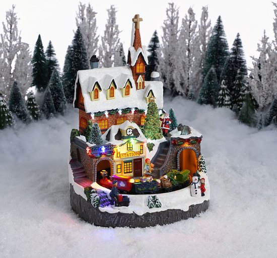 LuVille Village de Noël Gare miniature - L24 x L24 x H33 cm - Multicolore