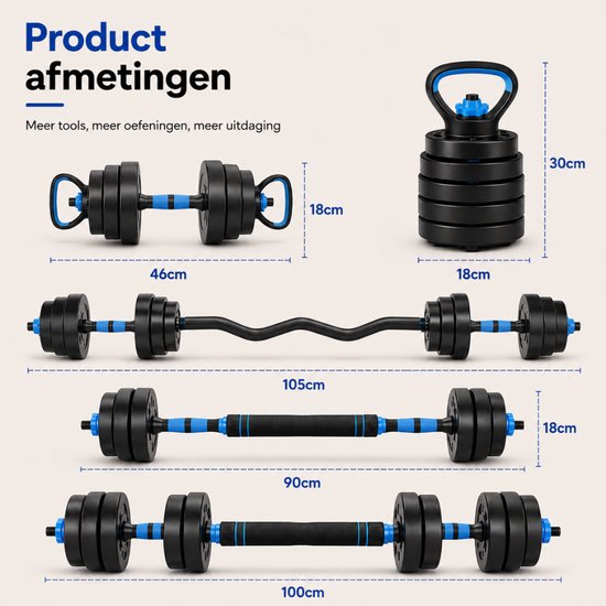 Sportfloww Dumbbells 28,5 kg – Ensemble d'haltères – Ensemble de poids comprenant un kettlebell, une barre d'haltères, une barre EZ et un rouleau abdominal – Haltères réglables