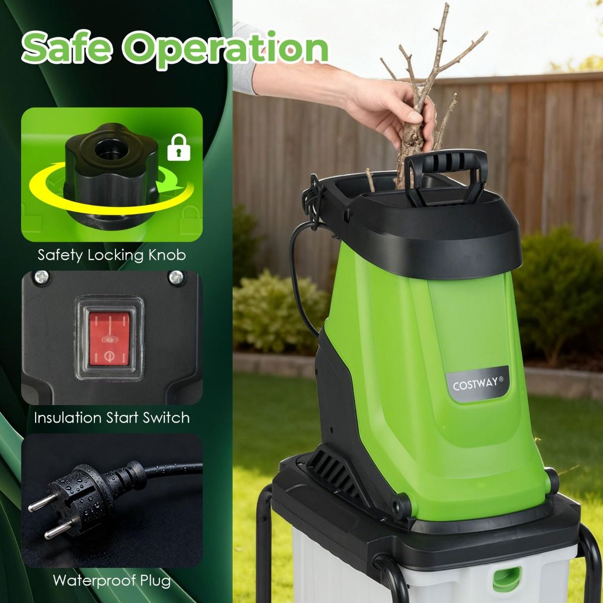 Broyeur de jardin électrique Coast - Moteur de 2 800 W - Bac de collecte de 50 litres - Vert et noir