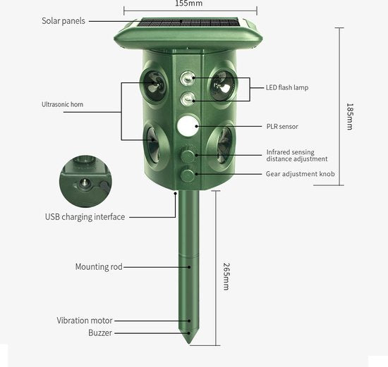 Fuegobird Répulsif à ultrasons - Répulsif pour animaux - Répulsif pour animaux - Répulsif pour chats à flash supersonique - Avec mode intelligent - Ultrasons - Fonctionne à l'énergie solaire / câble de charge USB