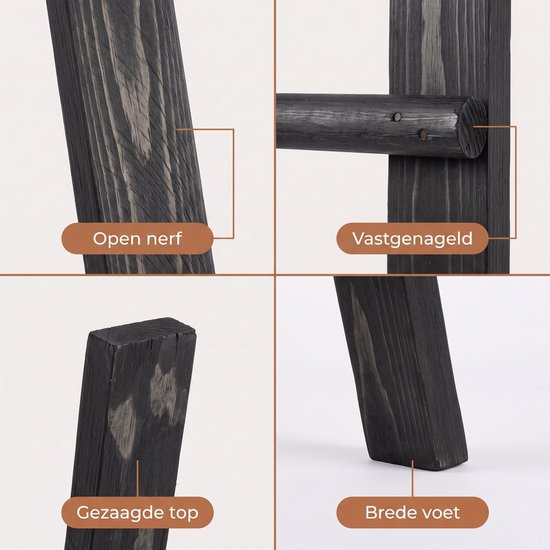 Échelle décorative Cheqo® - Échelle à serviettes - Échelle décorative en bois - Échelle décorative noire - Échelle porte-serviettes - Porte-serviettes en forme d'échelle - Échelle décorative - Échelle de salle de bains - Échelle à vêtements - Échelle déco