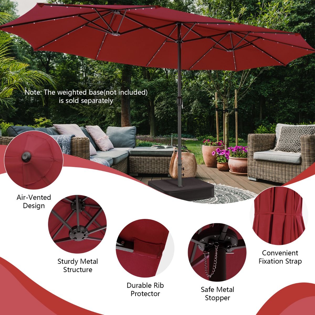 Parasol double Coast - Éclairage à 48 LED à énergie solaire - manivelle - rouge vin 470 x 280 cm