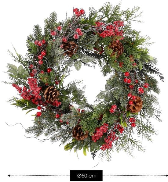 Mica Decorations Couronne de Noël Randell - Décoration de Noël à effet enneigé - Couronne de porte facile à accrocher - Décoration avec des baies et des pommes de pin - Ø 50 cm - Rouge