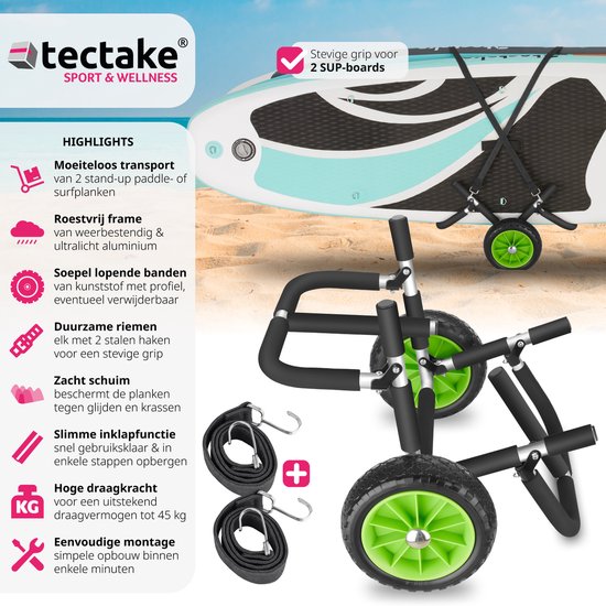 tectake® Chariot de transport pliable pour planche de surf - pour planche de stand-up paddling - canoë bateau ou kayak gonflable - chariot - buggy pour SUP - planche de surf